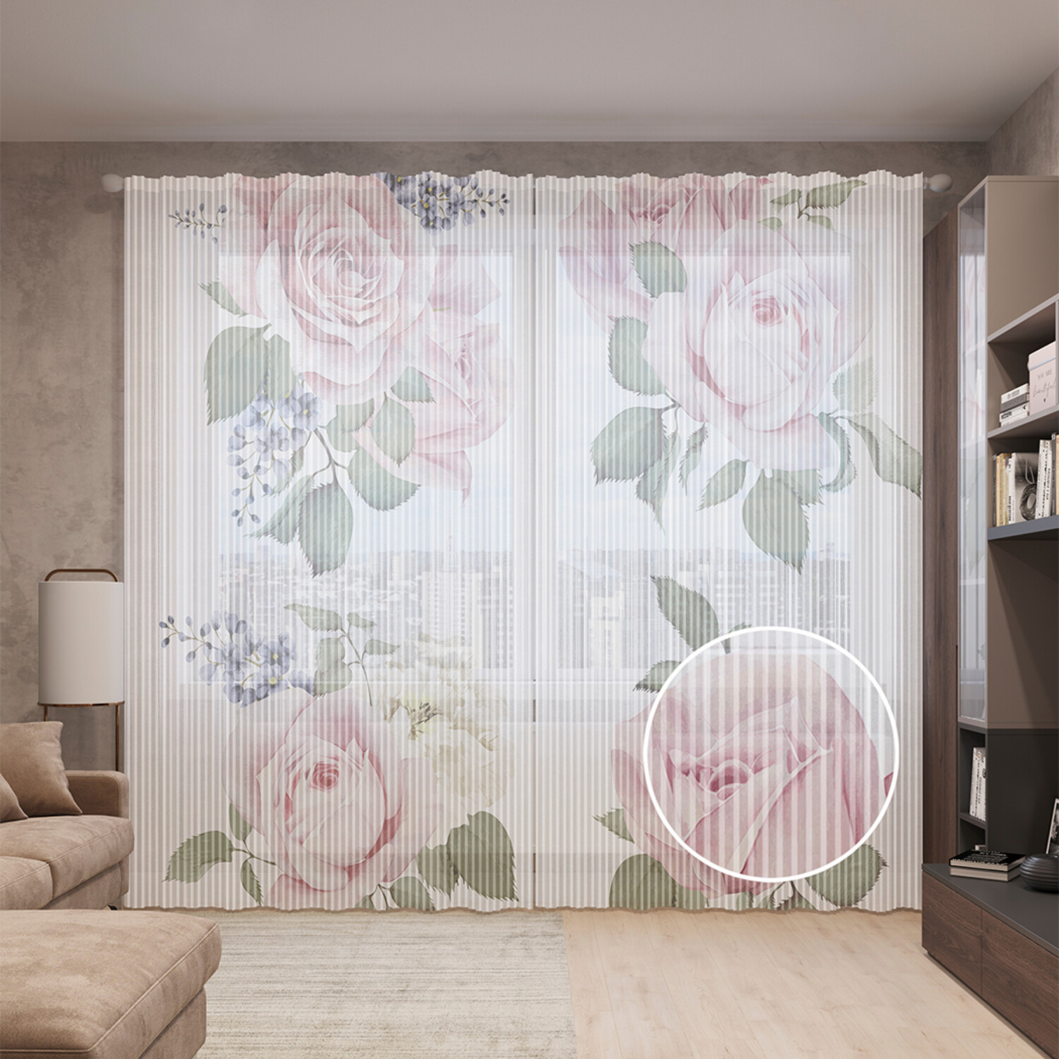 

Тюль вуаль на шторной ленте с принтом JoyArty "Роза в букетах", 310х265 см, Роза в букетах