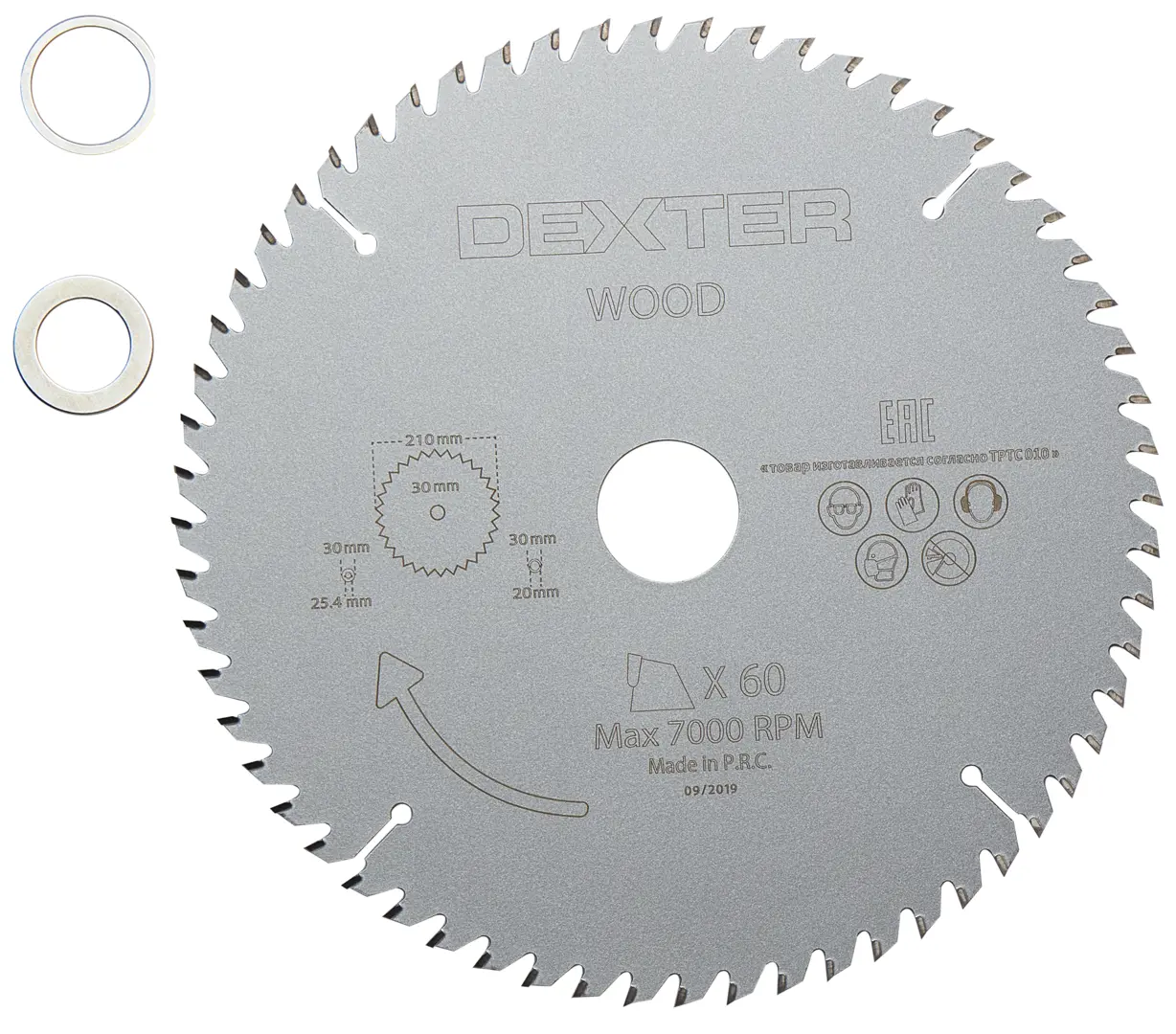 Диск пильный по дереву Dexter FD-E032103060T 60Т 210x30x1.5 мм, кольца: 20 и 25.4 диск пильный по дереву dexter fd e031652048t 48т 165x20x1 4 мм кольца 16 и 12