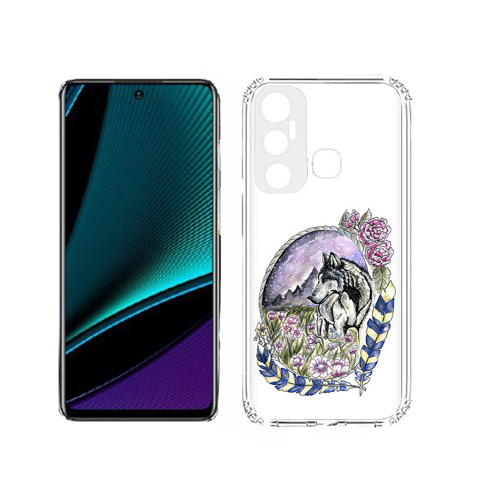 

Чехол MyPads Tocco для Infinix Hot 11s нарисованный волк в цветах с перьями, Прозрачный, Tocco