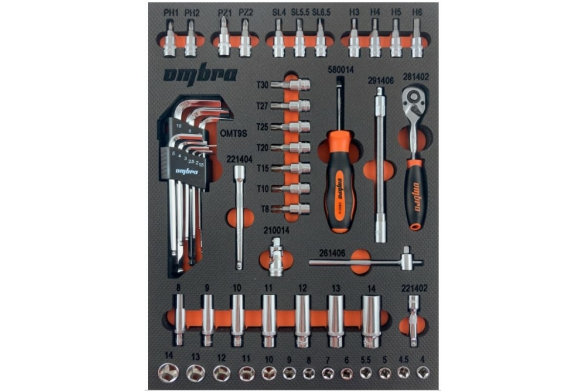Набор головок 1/4 54 пр. 6 гр. 4-14 мм с аксессуарами EVA ложементе 280х375 мм Ombra