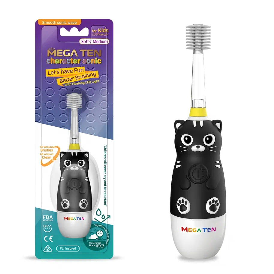 Электрическая зубная щетка MEGA TEN Kids Sonic Котенок Black Edition электрическая зубная щетка mega ten kids sonic слоненок 121 mks719