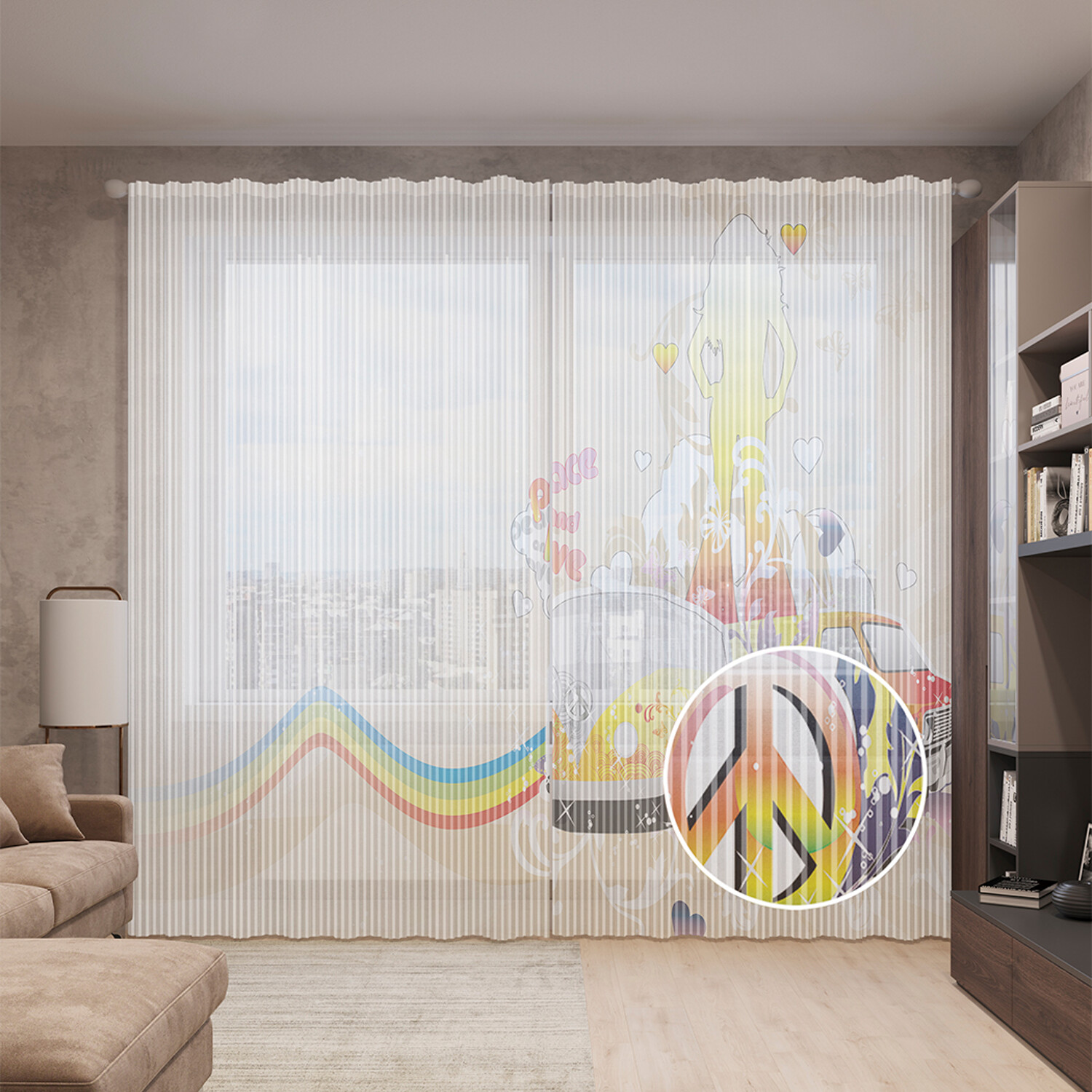 

Тюль вуаль на шторной ленте с принтом JoyArty "Символьный хиппи", 310х265 см, Символьный хиппи