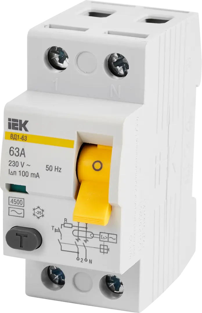 

УЗО IEK ВД1-63 2Р 63 А 100 мА 4.5 кА AC
