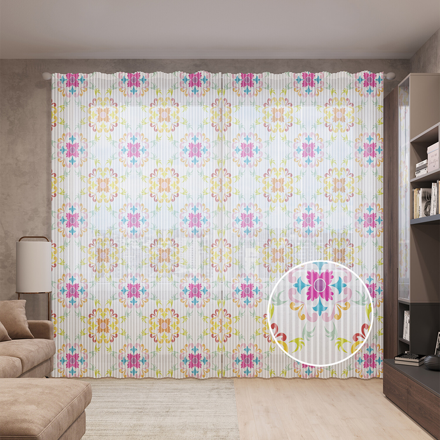 

Тюль вуаль на шторной ленте с принтом JoyArty "Разноцветный арабский орнамент", 310х265 см, Разноцветный арабский орнамент