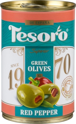 

Оливки Tesoro крупные зеленые фаршированные красным перцем 300 г