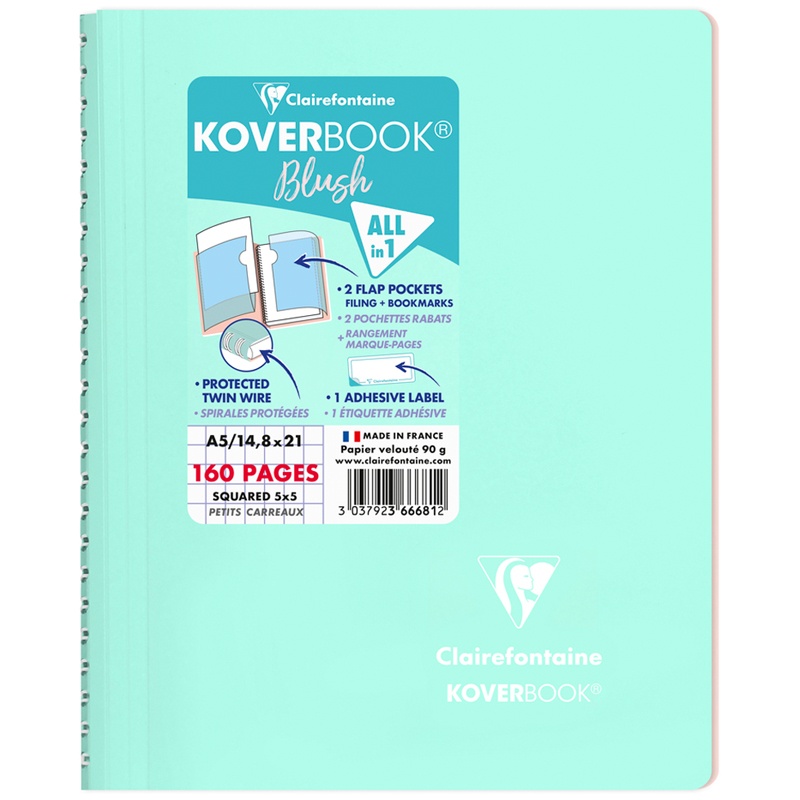 

Clairefontaine 80 листов, А5, клетка, на гребне, Koverbook Blush, 90 г/м2, голубая, 80 листов, А5, клетка, на гребне, Koverbook Blush, 90 г/м2, пластиковая обложка, голубая