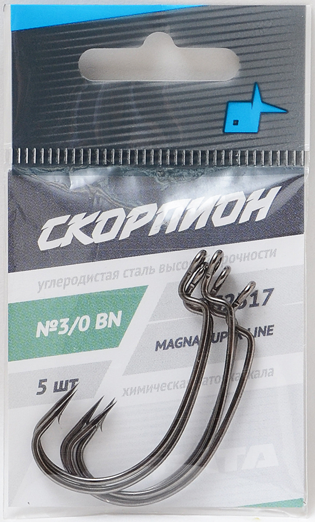 

Одинарные крючки лимерик офсетные №3/0, оголовок с колечком, прямое острие, с бородкой, Черный, Magna Super Line