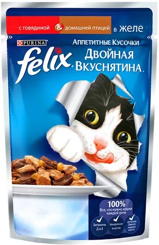 фото Влажный корм для кошек felix двойная вкуснятина, говядина, домашняя птица, 85г