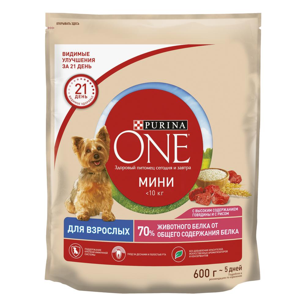 фото Сухой корм для собак purina one мини взрослая, говядина, рис, 0,6кг