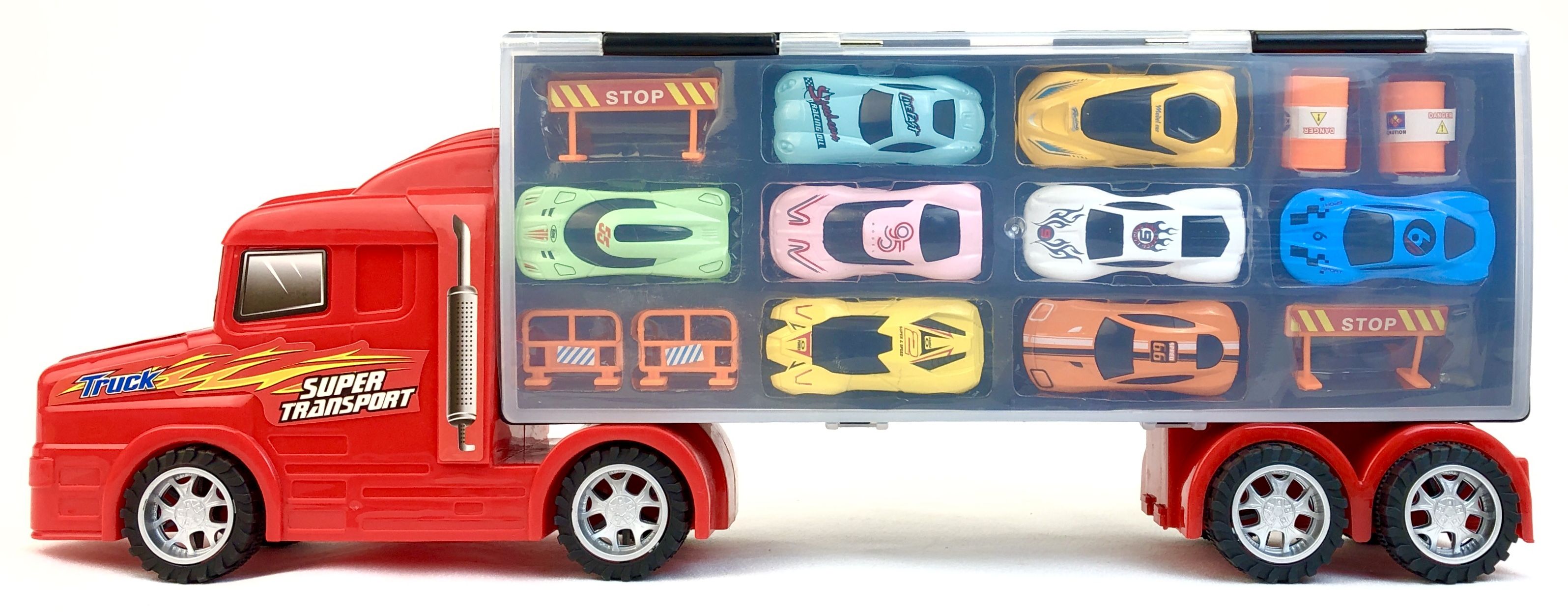 фото Трейлер-гараж playsmart с набором металлических машинок и дорожных знаков, 1:64, 94249