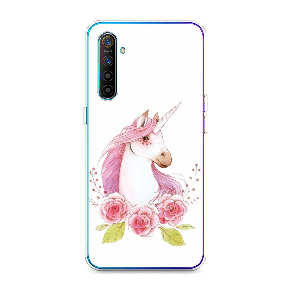 

Чехол на Realme XT "Единорог цветы", Белый;розовый;серый, 251450-1