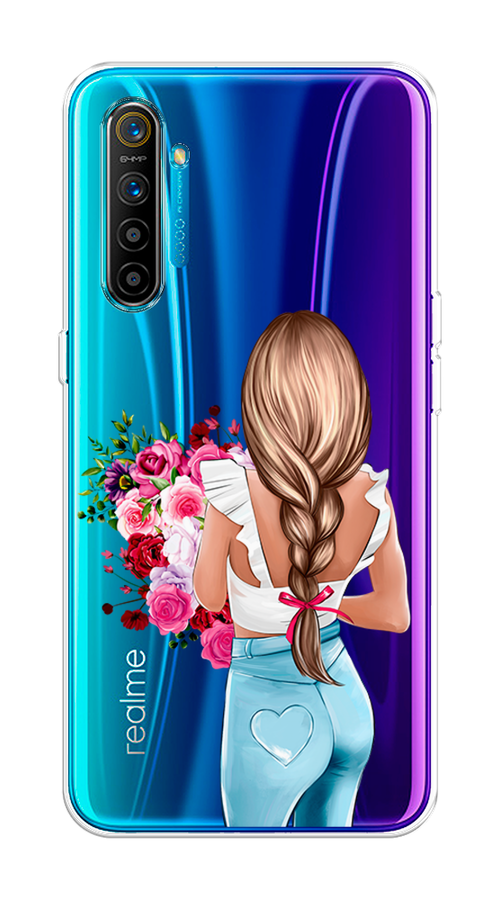 

Чехол на Realme XT "Девушка с цветами", Коричневый;розовый;голубой, 251450-6