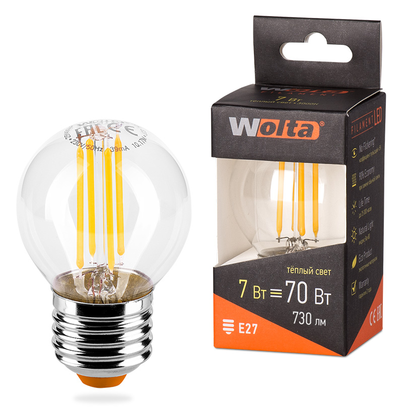 Светодиодная лампа WOLTA FILAMENT 25Y45GLFT7E27 7Вт 3000K Е27