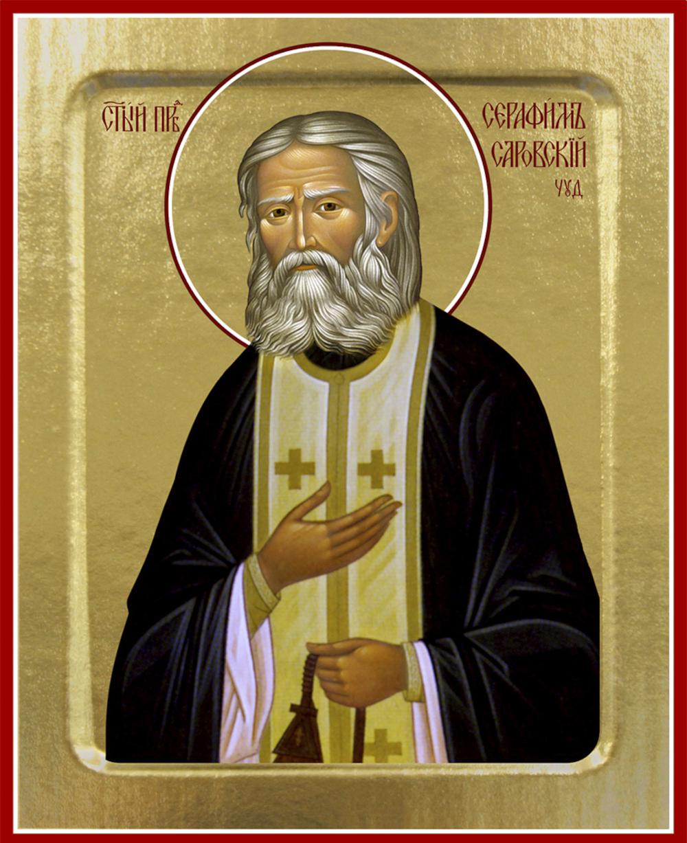 Икона Синопсисъ Серафима Саровского, преподобного белый подрясник на дереве 125 х 160