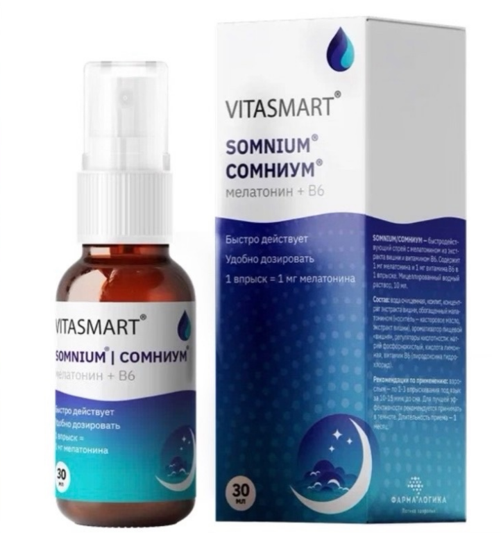

Мелатонин жидкий спрей VITASMART SOMNIUM СОМНИУМ для быстрого засыпания, 30 мл, Somnium