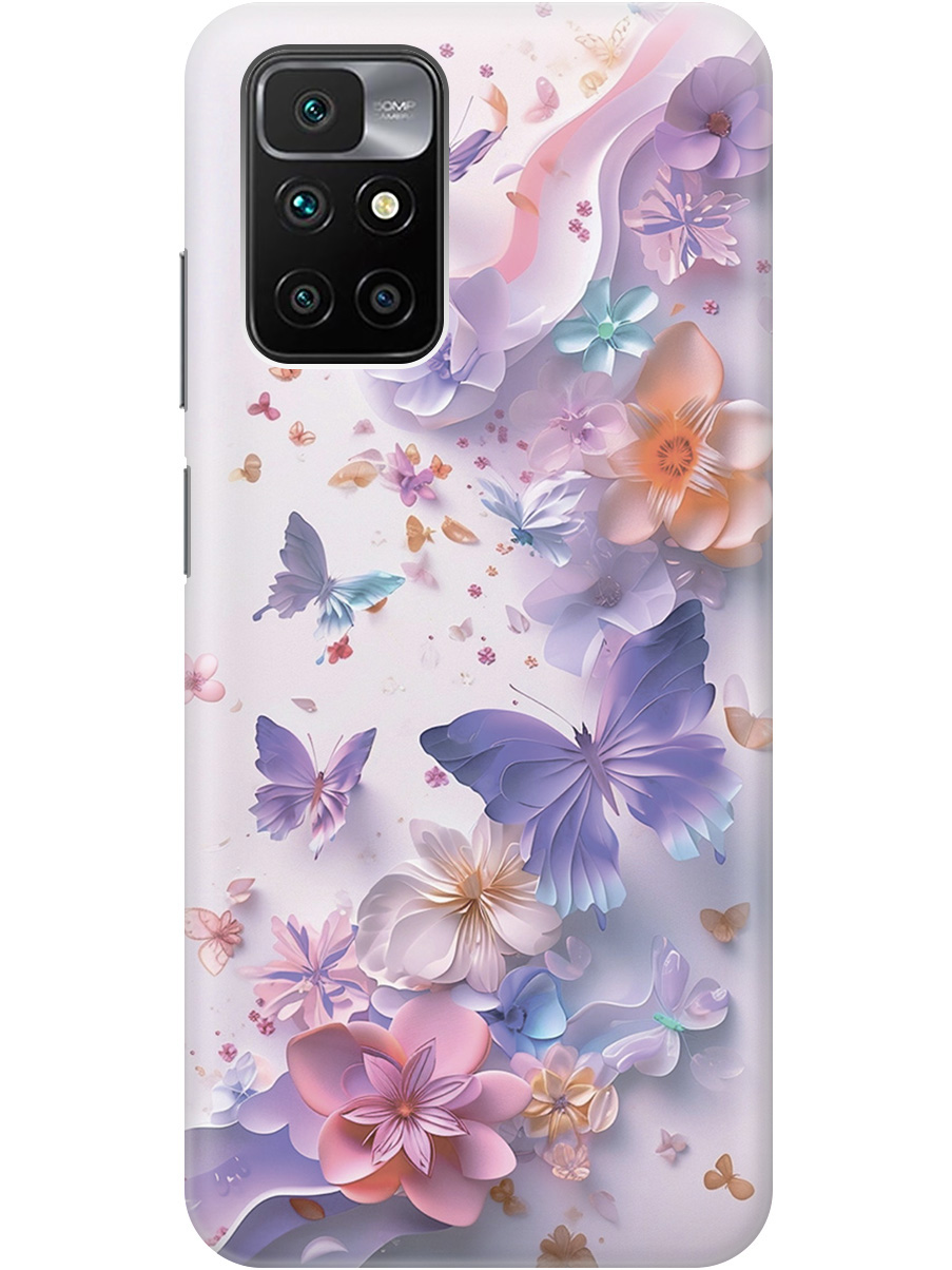 

Силиконовый чехол на Xiaomi Redmi 10 с принтом "Фиолетовые бабочки и бумажные цветы", Прозрачный;розовый;фиолетовый, 731907122