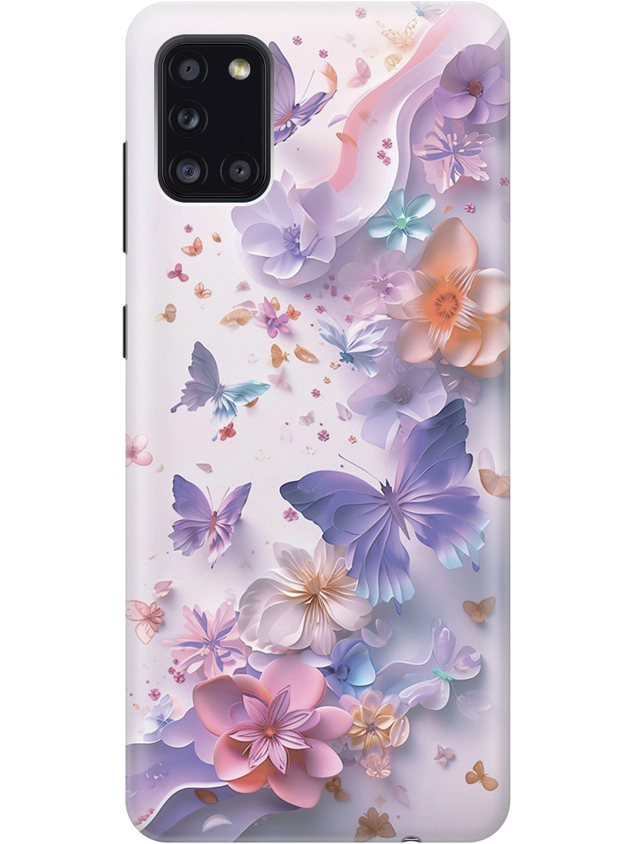 

Силиконовый чехол на Samsung Galaxy A31 с принтом "Фиолетовые бабочки и бумажные цветы", Прозрачный;розовый;фиолетовый, 722871922