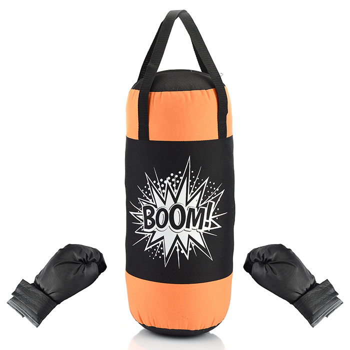 Набор для бокса: груша 50см х 20см (оксфорд) с перчатками черный-оранжевый, принт BOOM!