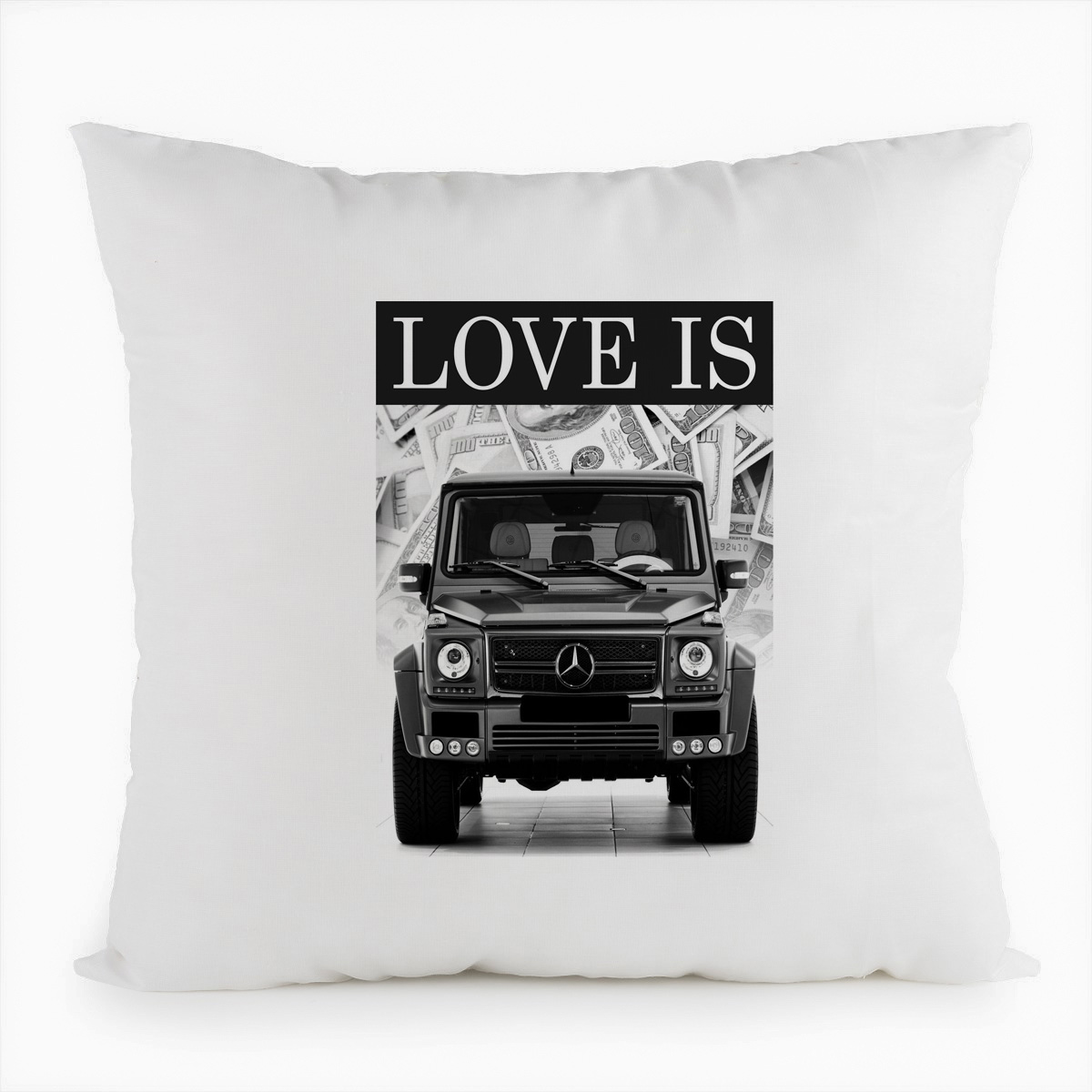 

Подушка белая CoolPodarok Love is Гелентваген, Мерседес, Белый