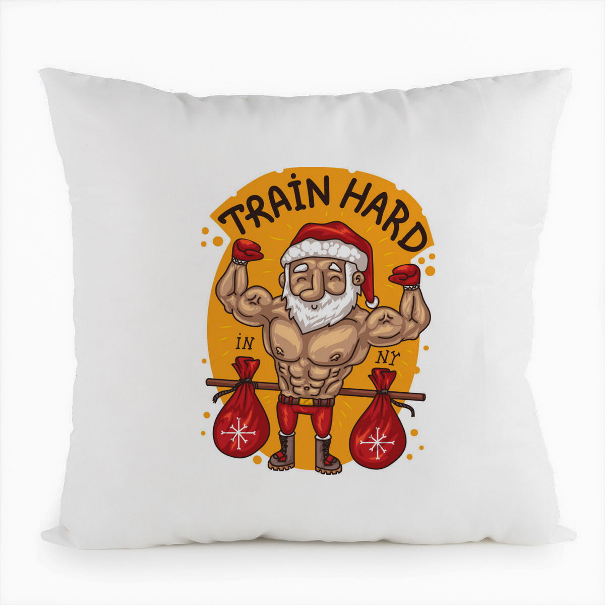 

Подушка белая CoolPodarok Прикол. Новый год. Train hard. Дед Мороз, Белый