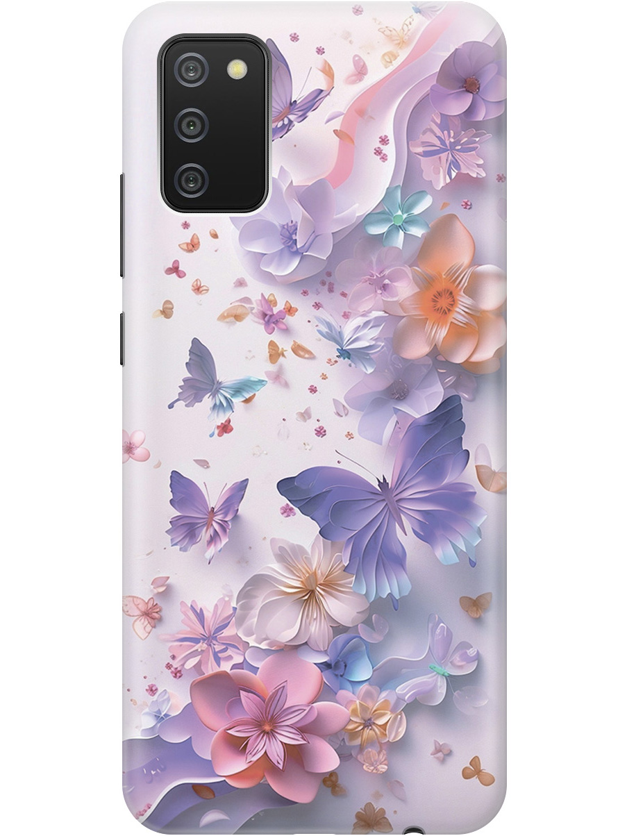 

Силиконовый чехол на Samsung Galaxy A02s с принтом "Фиолетовые бабочки и бумажные цветы", Прозрачный;розовый;фиолетовый, 723602922