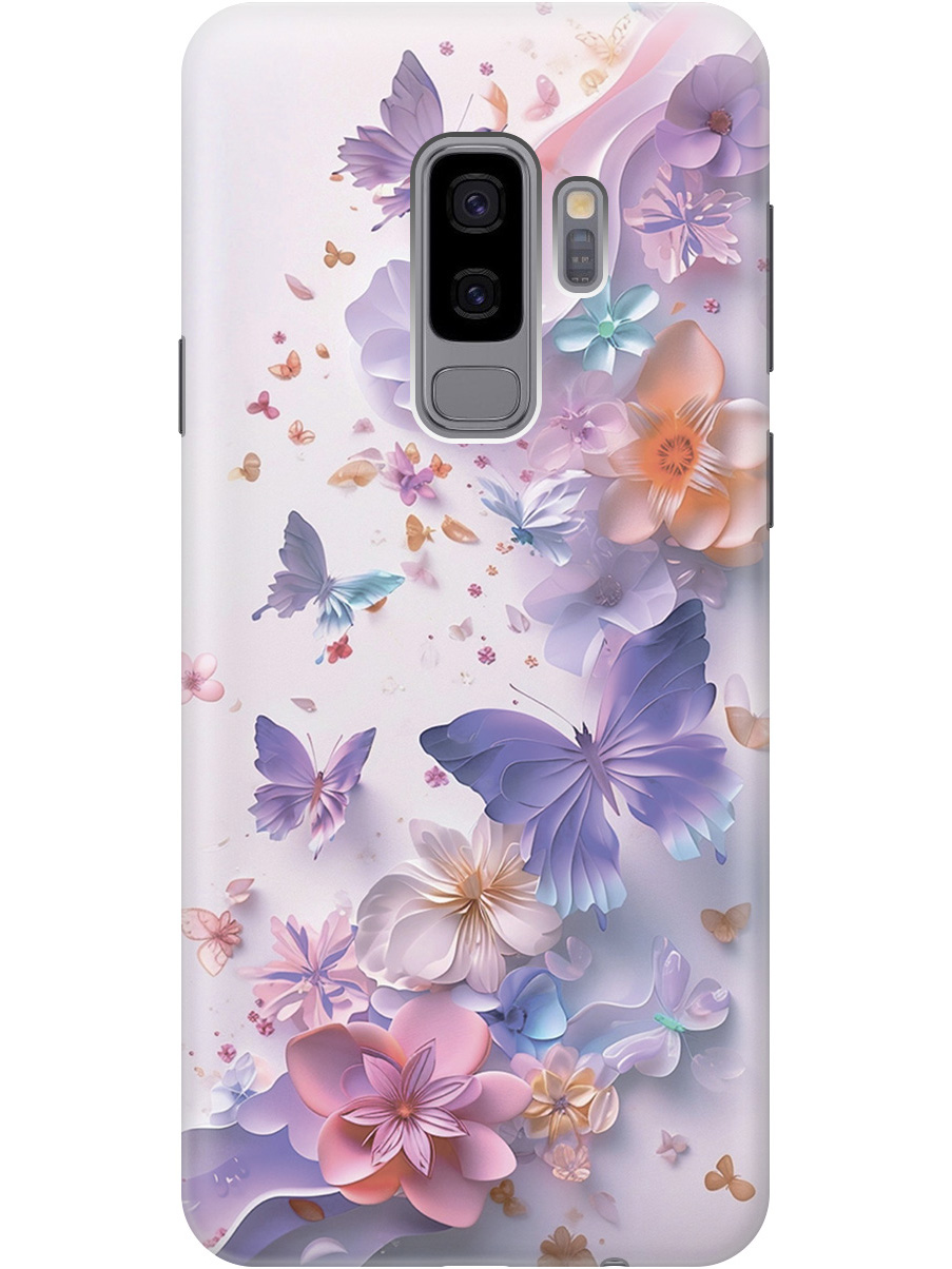 

Силиконовый чехол на Samsung Galaxy S9+ с принтом "Фиолетовые бабочки и бумажные цветы", Прозрачный;розовый;фиолетовый, 717439322