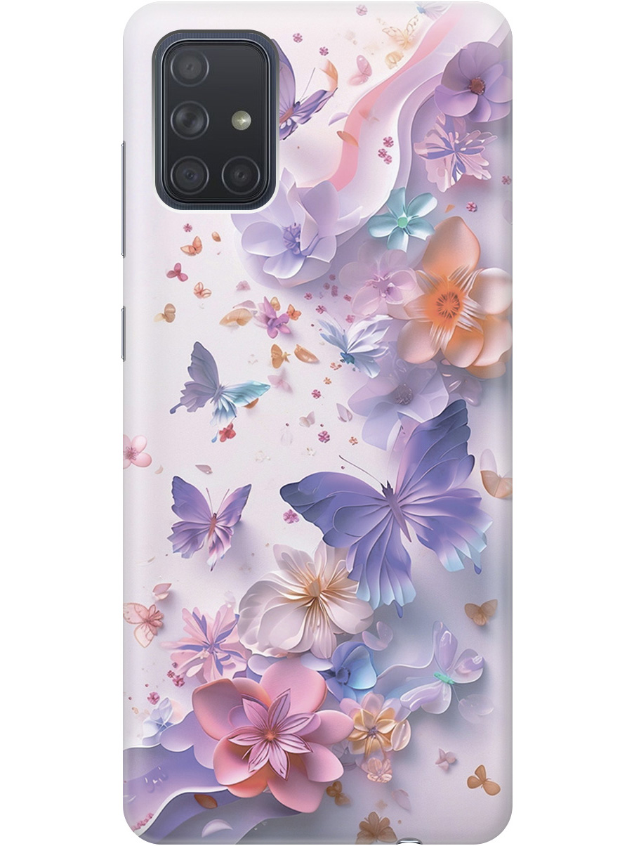 

Силиконовый чехол на Samsung Galaxy A71 с принтом "Фиолетовые бабочки и бумажные цветы", Прозрачный;розовый;фиолетовый, 722411422