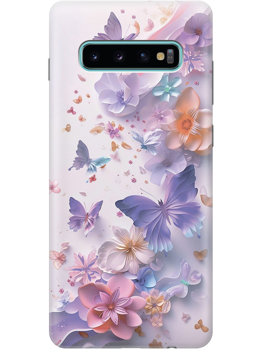 

Силиконовый чехол на Samsung Galaxy S10+ с принтом "Фиолетовые бабочки и бумажные цветы", Прозрачный;розовый;фиолетовый, 720461122