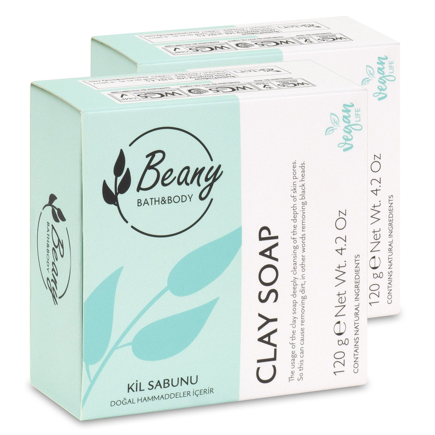 Мыло Beany твердое натуральное турецкое Clay Extract Soap с экстрактом глины 120г х 2шт.