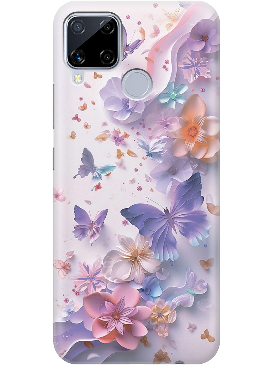 

Силиконовый чехол на realme C15 / C25 с принтом "Фиолетовые бабочки и бумажные цветы", Прозрачный;розовый;фиолетовый, 726149822