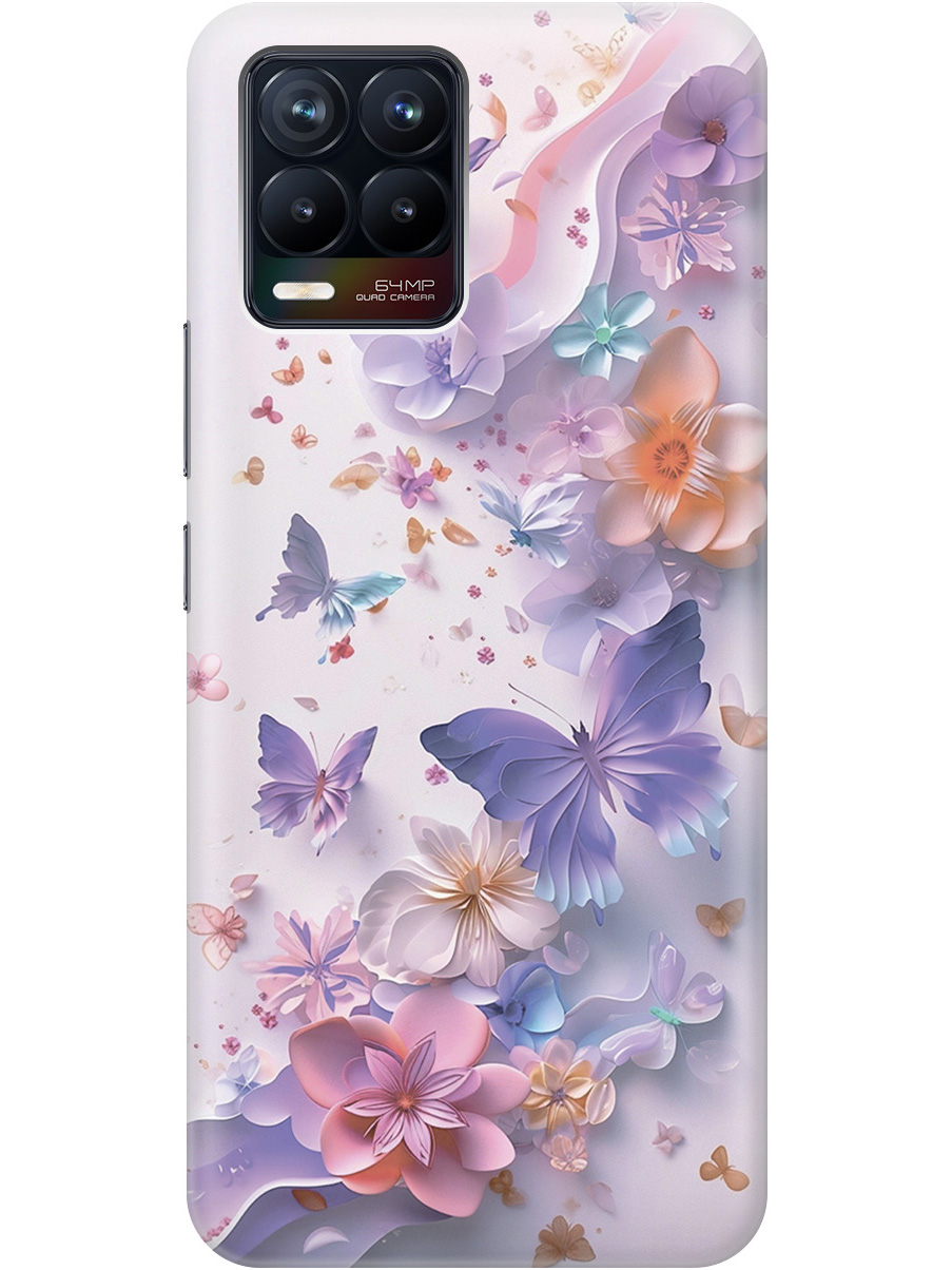 

Силиконовый чехол на Realme 8 / 8 Pro с принтом "Фиолетовые бабочки и бумажные цветы", Прозрачный;розовый;фиолетовый, 732494022