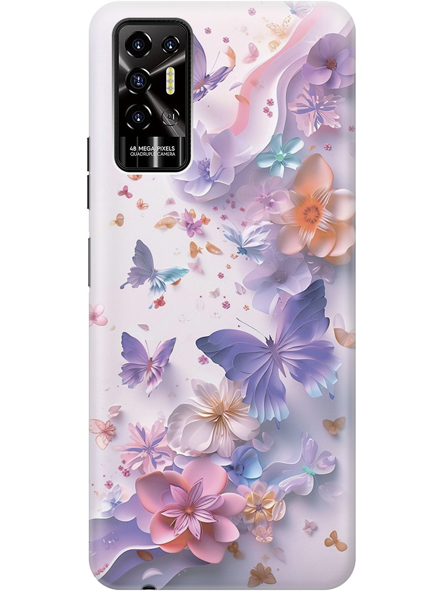 

Силиконовый чехол на Tecno Pova 2 с принтом "Фиолетовые бабочки и бумажные цветы", Прозрачный;розовый;фиолетовый, 741736022
