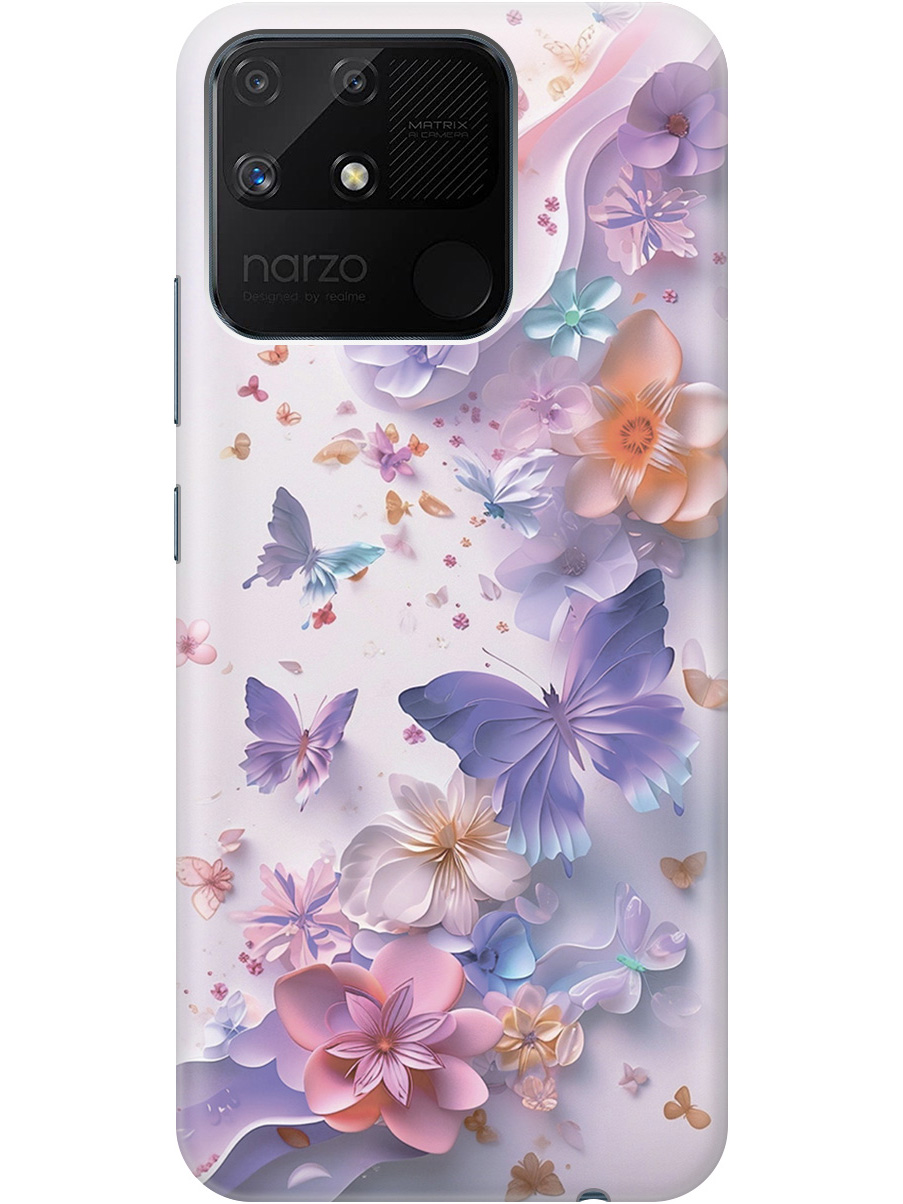 

Силиконовый чехол на Realme narzo 50A с принтом "Фиолетовые бабочки и бумажные цветы", Прозрачный;розовый;фиолетовый, 740189922
