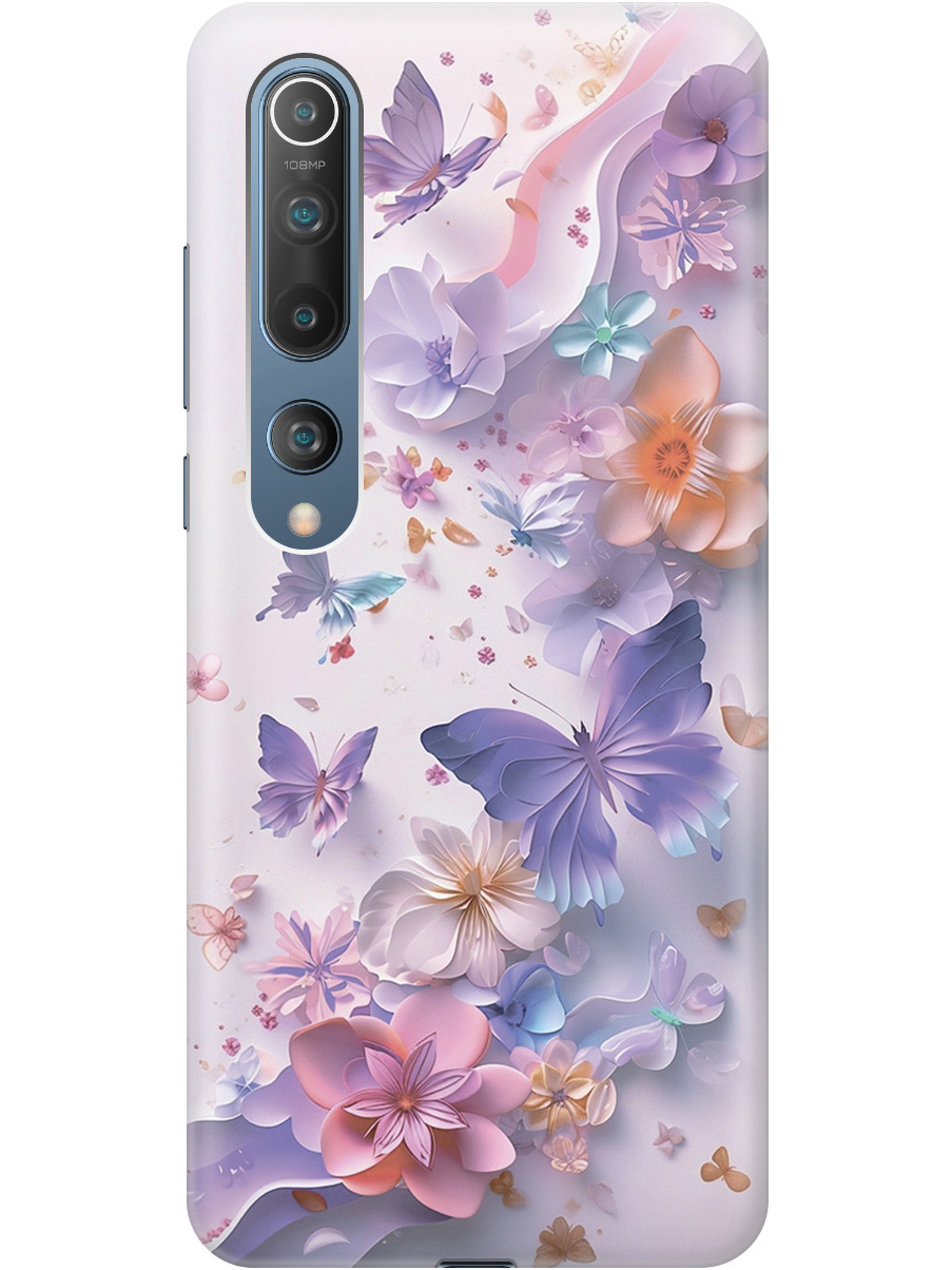 

Силиконовый чехол на Xiaomi Mi 10 с принтом "Фиолетовые бабочки и бумажные цветы", Прозрачный;розовый;фиолетовый, 722821122