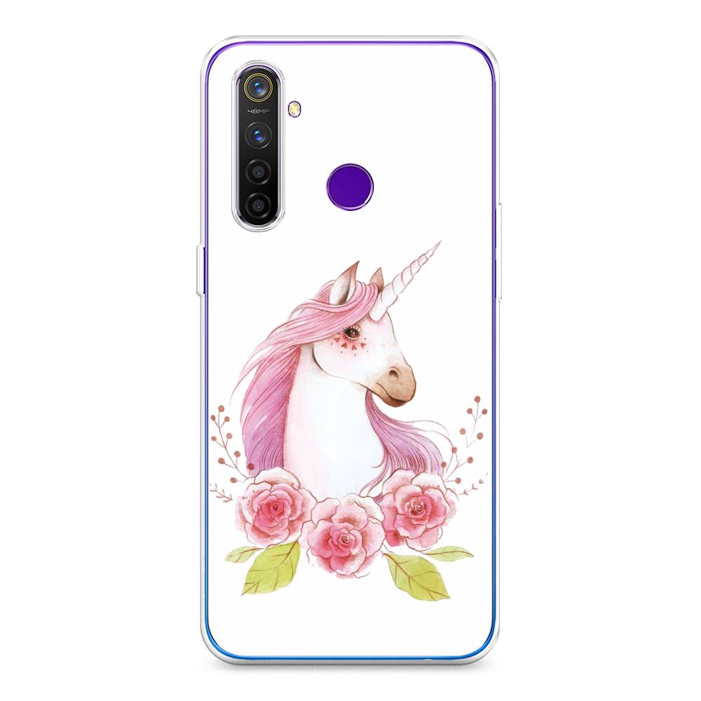 

Чехол на Realme 5 Pro "Единорог цветы", Белый;розовый;серый, 251650-1