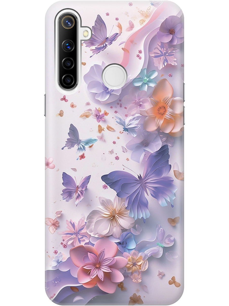 

Силиконовый чехол на realme 5 / 6i / C3 с принтом "Фиолетовые бабочки и бумажные цветы", 726149622