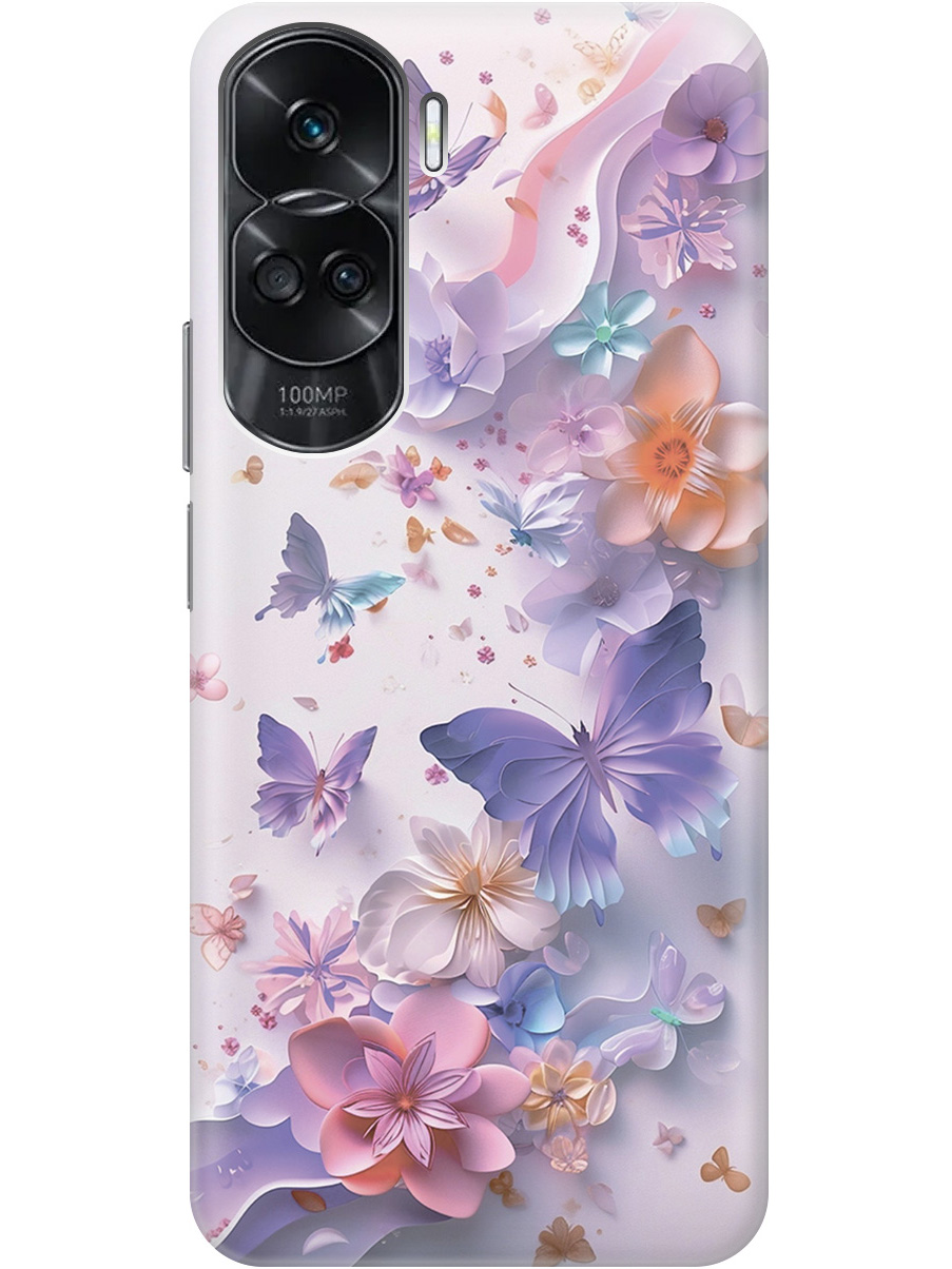 

Силиконовый чехол на Honor 90 Lite с принтом "Фиолетовые бабочки и бумажные цветы", Прозрачный;розовый;фиолетовый, 772622622