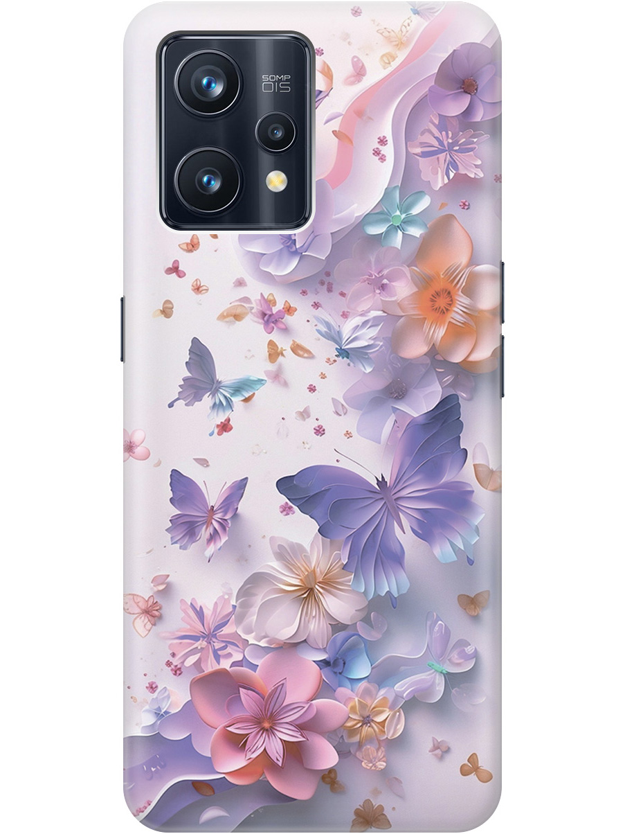 

Силиконовый чехол на Realme 9 Pro+ с принтом "Фиолетовые бабочки и бумажные цветы", Прозрачный;розовый;фиолетовый, 740189622