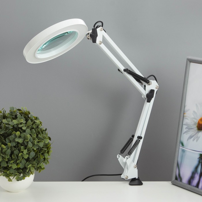фото Risalux настольная лампа на струбцине с лупой 5х "омега" led 5вт 3000-6000к белый 16х16х71