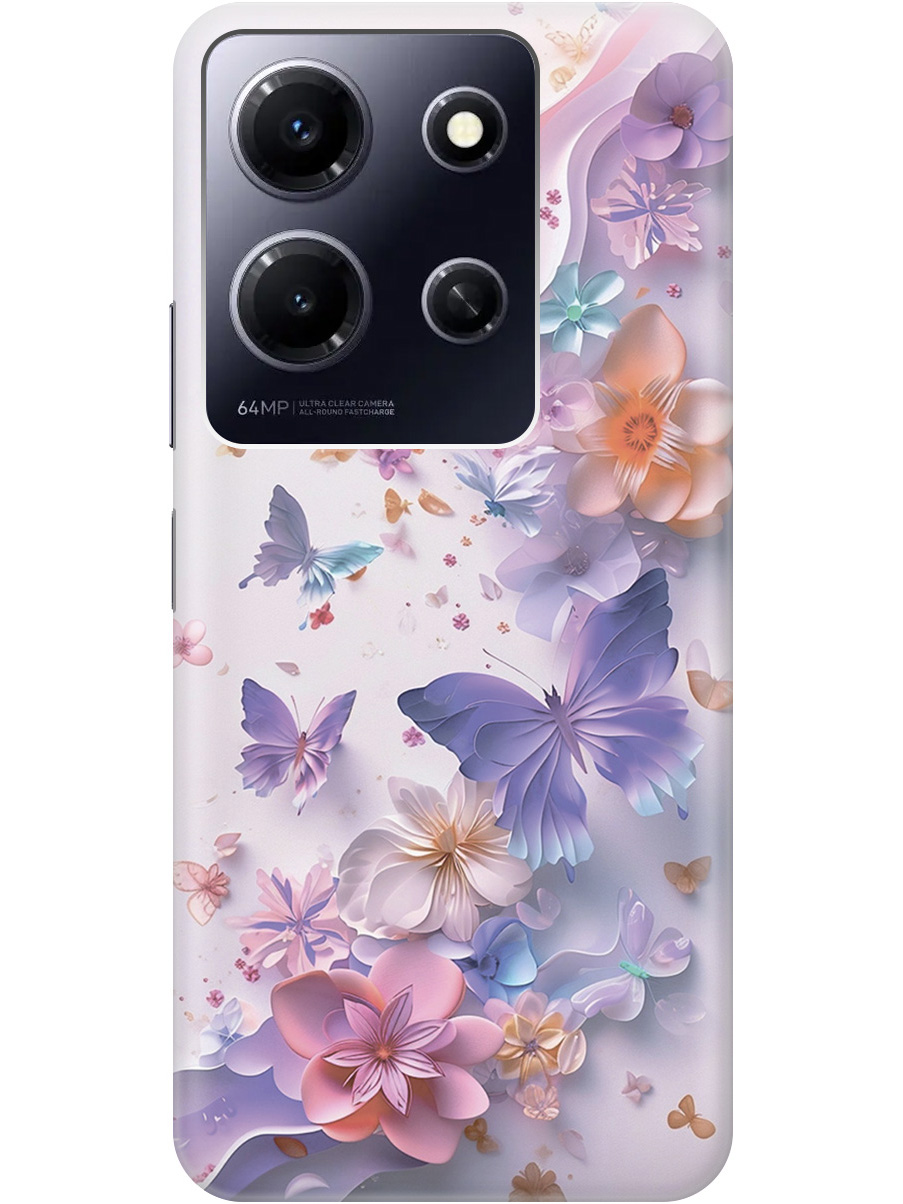 

Силиконовый чехол на Infinix Note 30i с принтом "Фиолетовые бабочки и бумажные цветы", Прозрачный;розовый;фиолетовый, 772564222