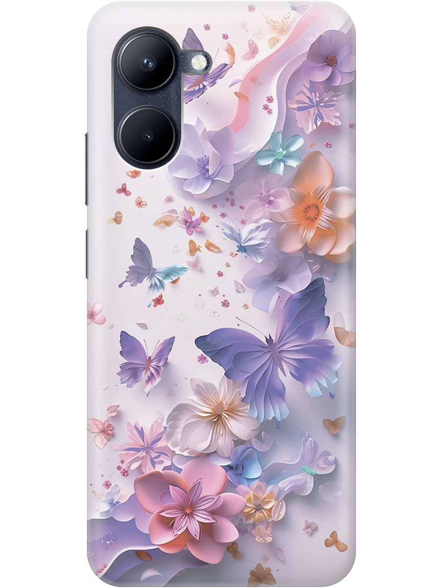 

Силиконовый чехол на realme C33 с принтом "Фиолетовые бабочки и бумажные цветы", Прозрачный;розовый;фиолетовый, 766400422