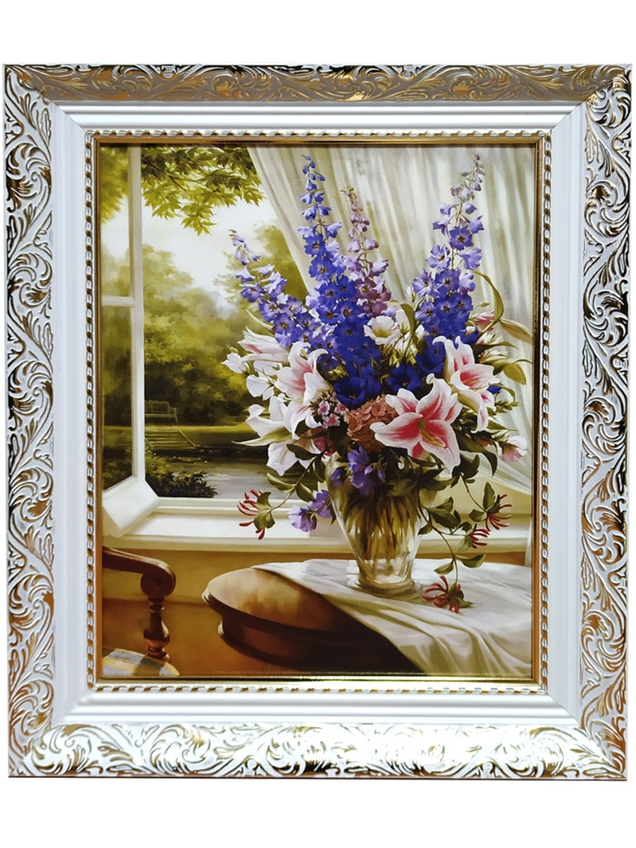 фото Картина в раме 30х40 полевые цветы на окне в вазе в белой раме вертикальная картина декарт