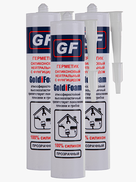 Герметик силиконовый, нейтральный GoldiFoam, 260 мл., с фунгицидом, прозрачный, 3 шт. нейтральный силиконовый герметик goldifoam