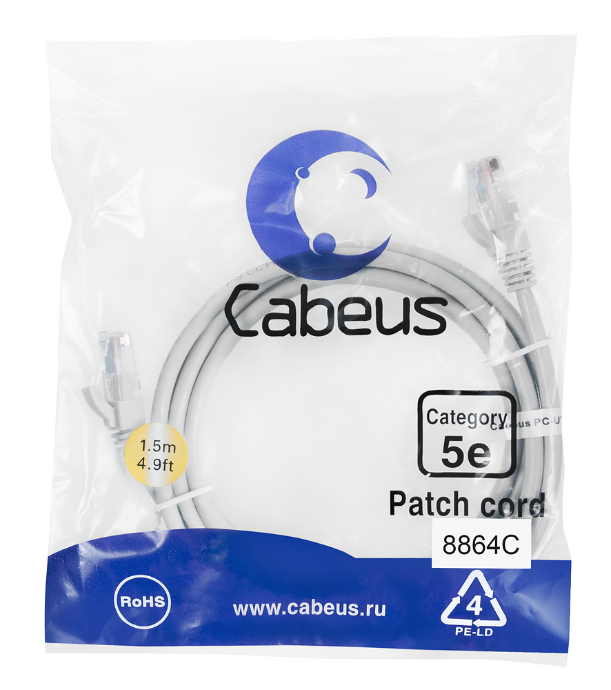 Кабель патч-корд U/UTP 5e кат. 1,5м. Cabeus PC-UTP-RJ45-Cat.5e-1.5m-GN-LSZH неэкранированн