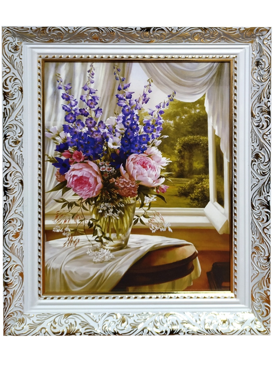 фото Картина в раме 30х40 полевые цветы на окне в вазе в белой раме вертикальная картина 2 декарт
