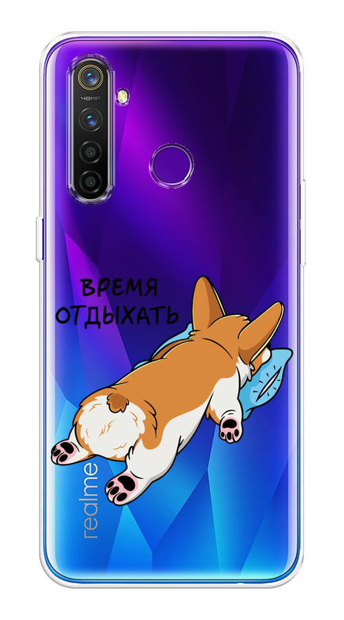 

Чехол на Realme 5 Pro "Корги отдыхает", Черный;коричневый;голубой, 251650-1