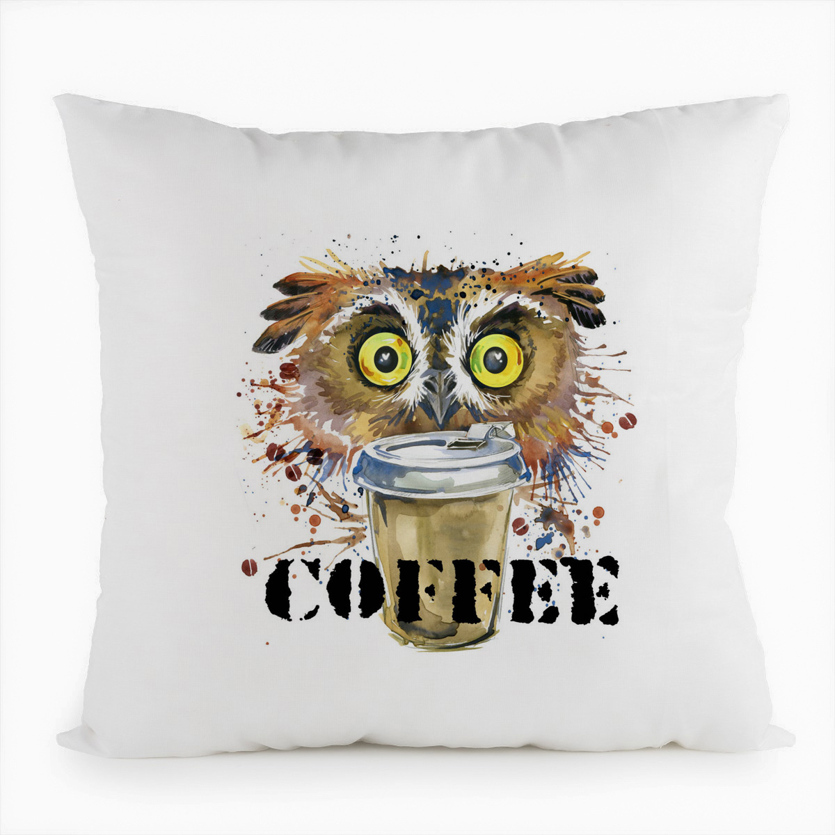 

Подушка белая CoolPodarok Краски. Сова с кофе. Cofee, Белый