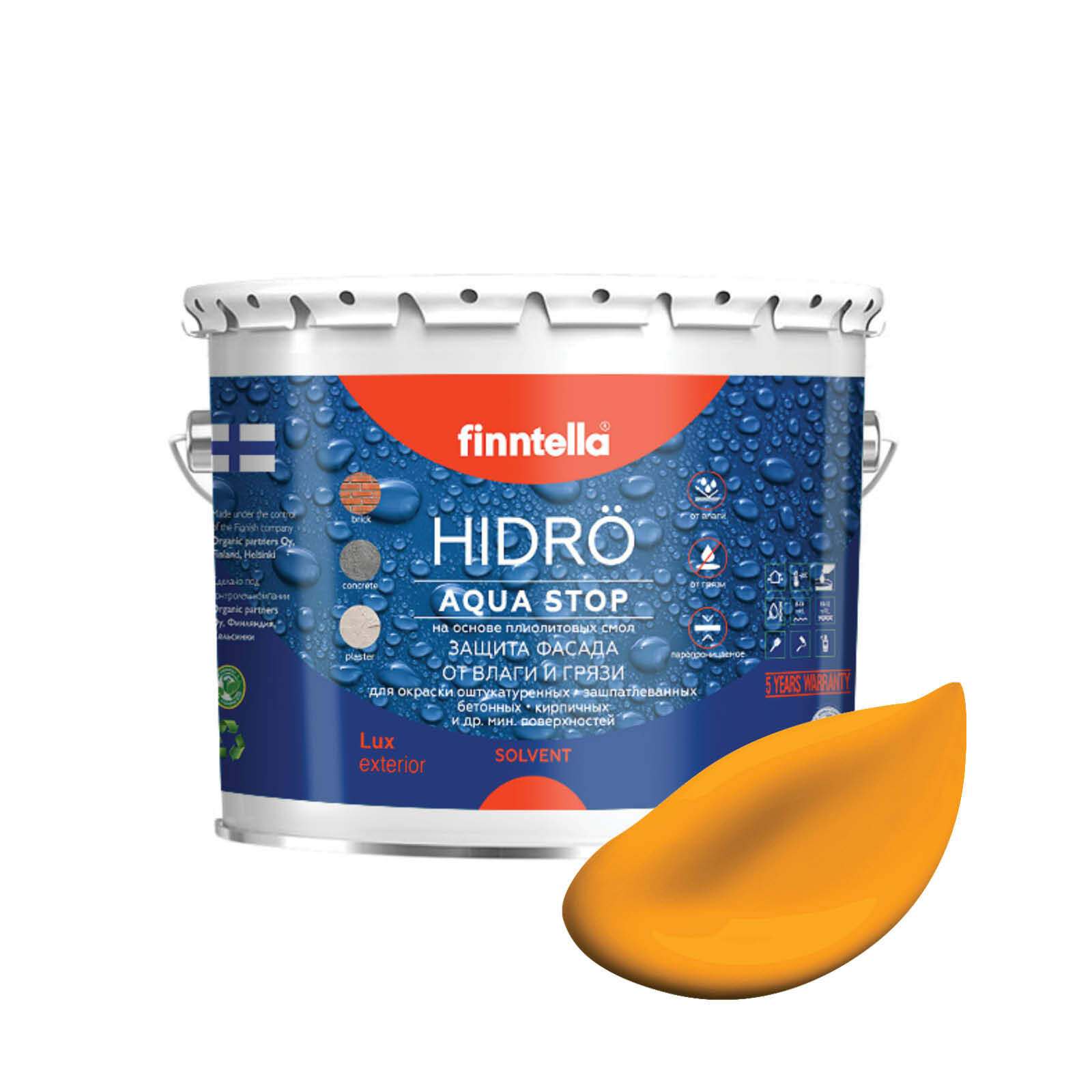 

Краска HIDRO , LIEKKI пламенный желтый, 2,7л, HIDRO самоочищающаяся фасадная со свойствами лотоса, плиолит-полиуретановая