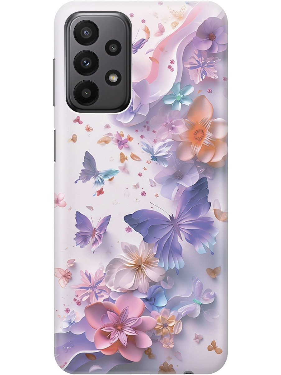 

Силиконовый чехол на Samsung Galaxy A23 4G с принтом "Фиолетовые бабочки и бумажные цветы", Прозрачный;розовый;фиолетовый, 740132822