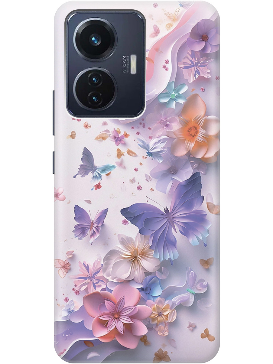 

Силиконовый чехол на Vivo T1 с принтом "Фиолетовые бабочки и бумажные цветы", Прозрачный;розовый;фиолетовый, 743437822